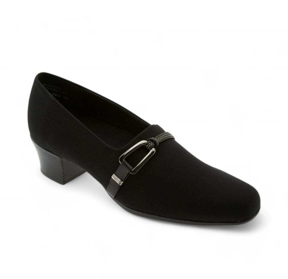 Murano Cindi Block Heel Pump Stretch Fabric Buckle Detail Black Womens Size 9M